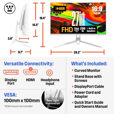 Westinghouse 27" Curved FHD 200Hz LED AMD FreeSync Gaming Monitor, Built-In Speaker, White (WC27RX6250W)