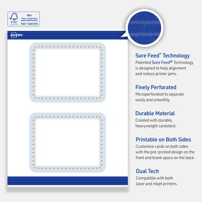 Avery Gold Dots with Blue Border Matte Blank Card, White, 20/Pack (S00-DMG)