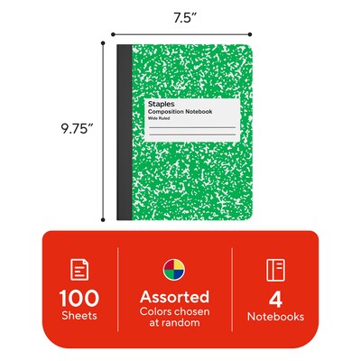 STAPLES Composition Notebook, 7.5” x 9.75”, Wide Ruled, 100 Sheets, Assorted Colors, 4-Pack