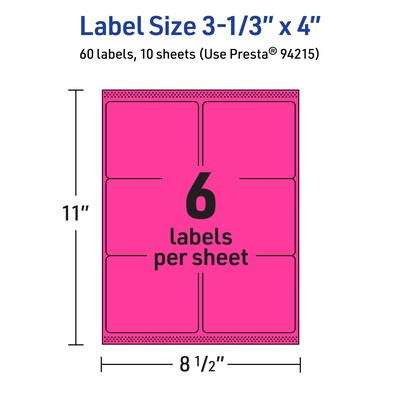 Avery Laser/Inkjet Rectangle Multipurpose Labels, 3-1/3" x 4", Neon Magenta, 60/Pack (94215)