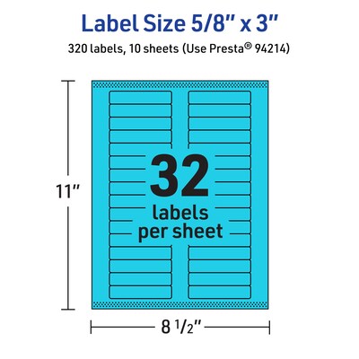 Avery Printable Rectangle Multipurpose Labels, 5/8" x 3", Bright Blue, 320/Pack (94214)
