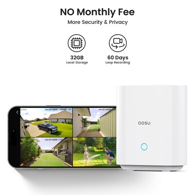 aosu 2K QHD 3.0-MP Outdoor Dual-Band Wireless AI-Smart Solar Security 2-Camera Kit w/HomeBase Recorder, White (C9C3CA11)