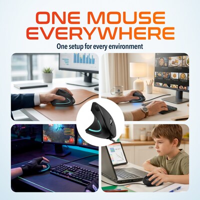 Delton S12 Wired Vertical Ergonomic Left-Handed USB-A/C Mouse, Black (DMERG12LU)
