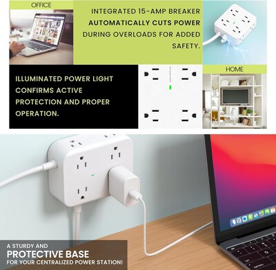 Power by GoGreen 8-Outlet 4-USB Port Surge Protector, 3', 900 Joules, White (GG-833A1C)