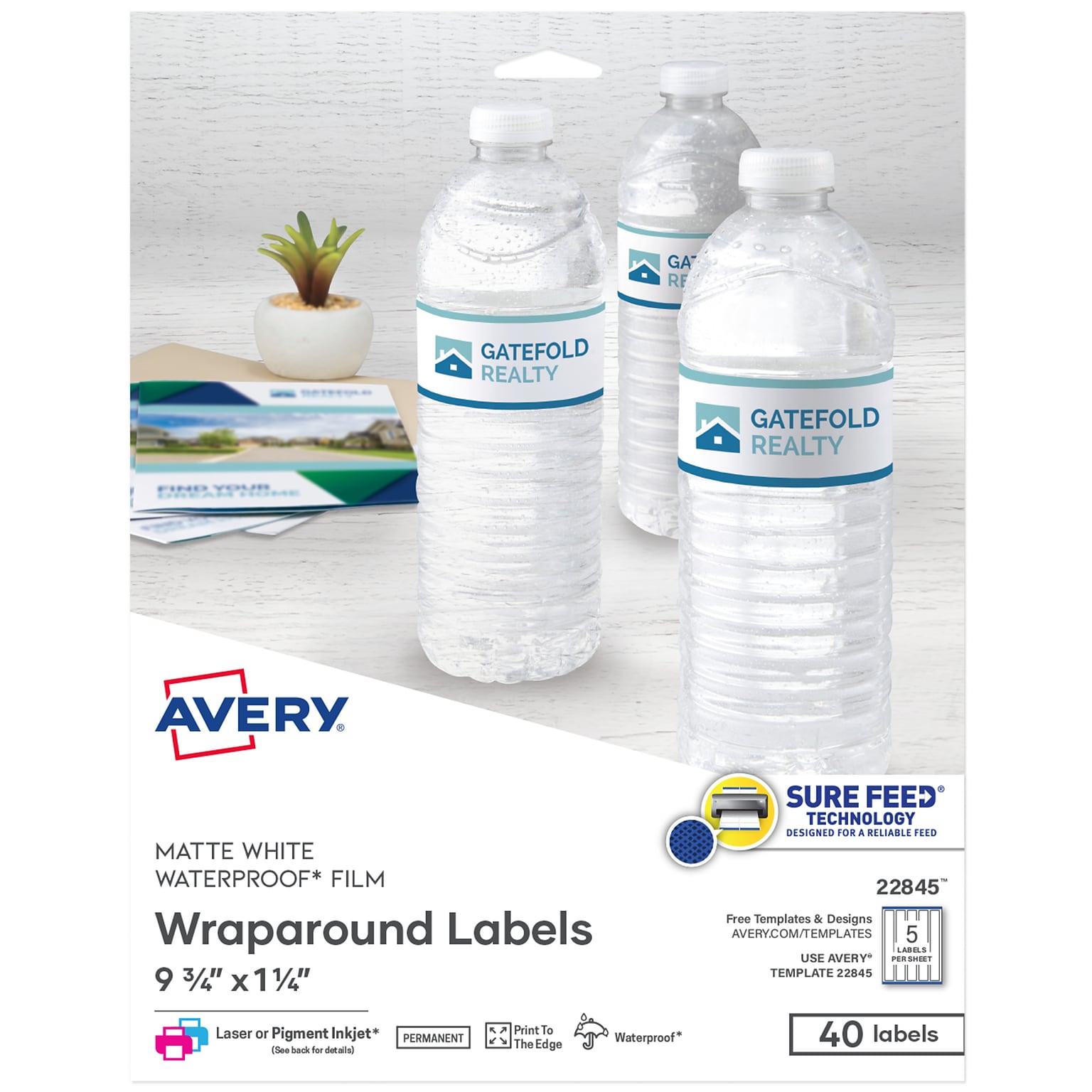 Avery Waterproof Laser Inkjet Wraparound Labels, 1.25 x 9.75, White, 5 Labels/Sheet, 8 Sheets/Pack, 40 Labels/Pack (22845)