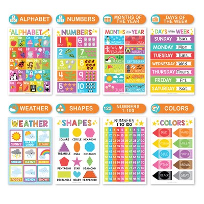 Hadley Designs 17" x 11" Colorful Preschool Educational Posters For Toddlers, Laminated, 16/Set (HDDX004ACAK4L)