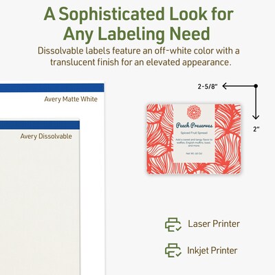 Avery Dissolvable Rectangle Multipurpose Labels, 2" x 2-5/8", Off-white, 75/Pack (94235)