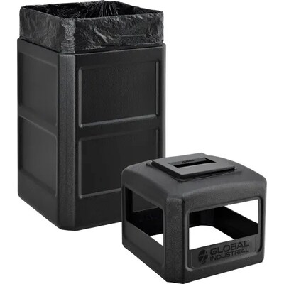 Global Industrial Square Plastic Waste Receptacle w/ Ashtray Lid, 42 Gallon, Black (641540BK)