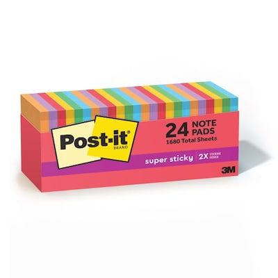 Post-it Super Sticky Notes, 3 x 3, Playful Primaries Collection, 70 Sheet/Pad, 24 Pads/Pack (65424SSANCP)