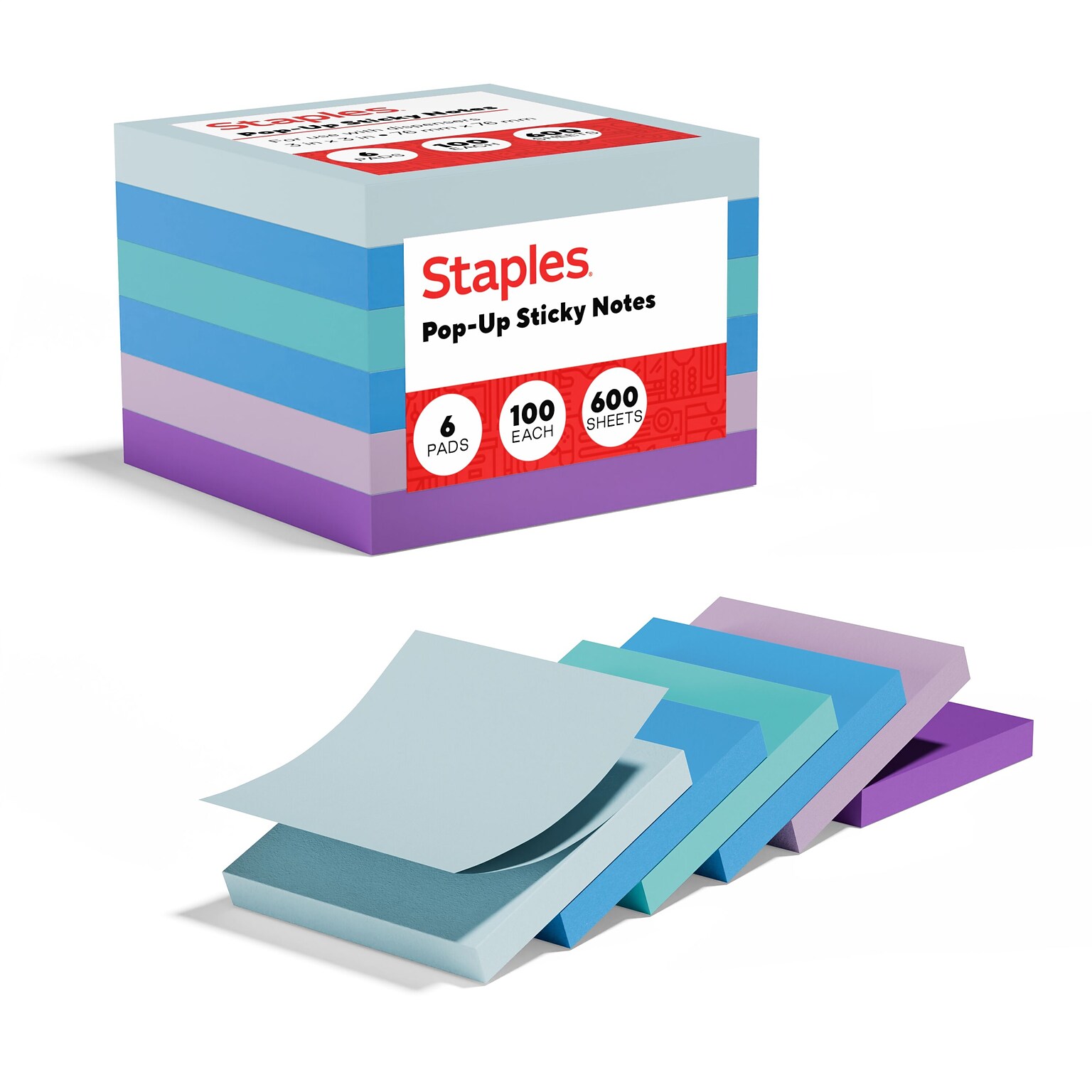 Staples Pop-up Notes, 3 x 3, Marina Collection, 100 Sheet/Pad, 6 Pads/Pack (S-33WCP6)