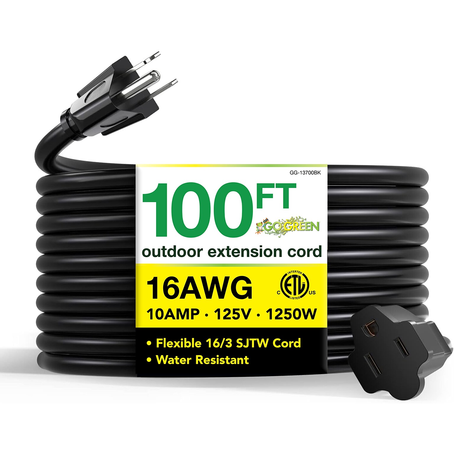 GoGreen Power 100 Indoor/Outdoor Extension Cord, 16 AWG, Black (GG-13700BK)