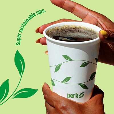 Perk™ Eco Compostable Paper Hot Cup, 12 Oz., White/Green, 50/Pack (PK56222)