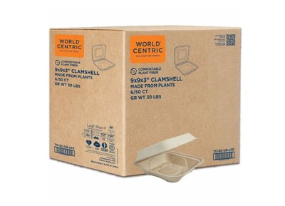 World Centric Fiber Hinged Container, Natural, 300/Carton (WORTOSCU9LFP)