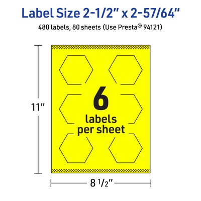 Avery Hexagon Laser/Inkjet Multipurpose Labels, 2-1/2" x 2-57/64", Neon Yellow (480/Box)