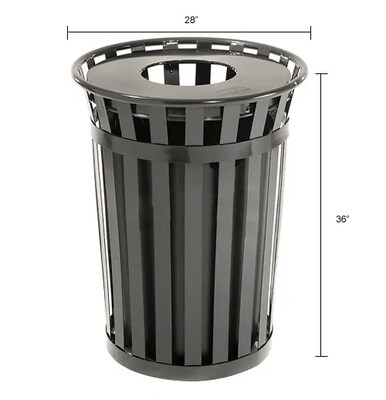 Global Industrial Outdoor Slatted Steel Trash Can w/ Flat Lid, 36 Gallon, Black (237726BK)
