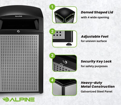 Alpine Industries Steel Outdoor Trash Can with Dome Lid, 40 Gallon, Silver (471-40-SIL)