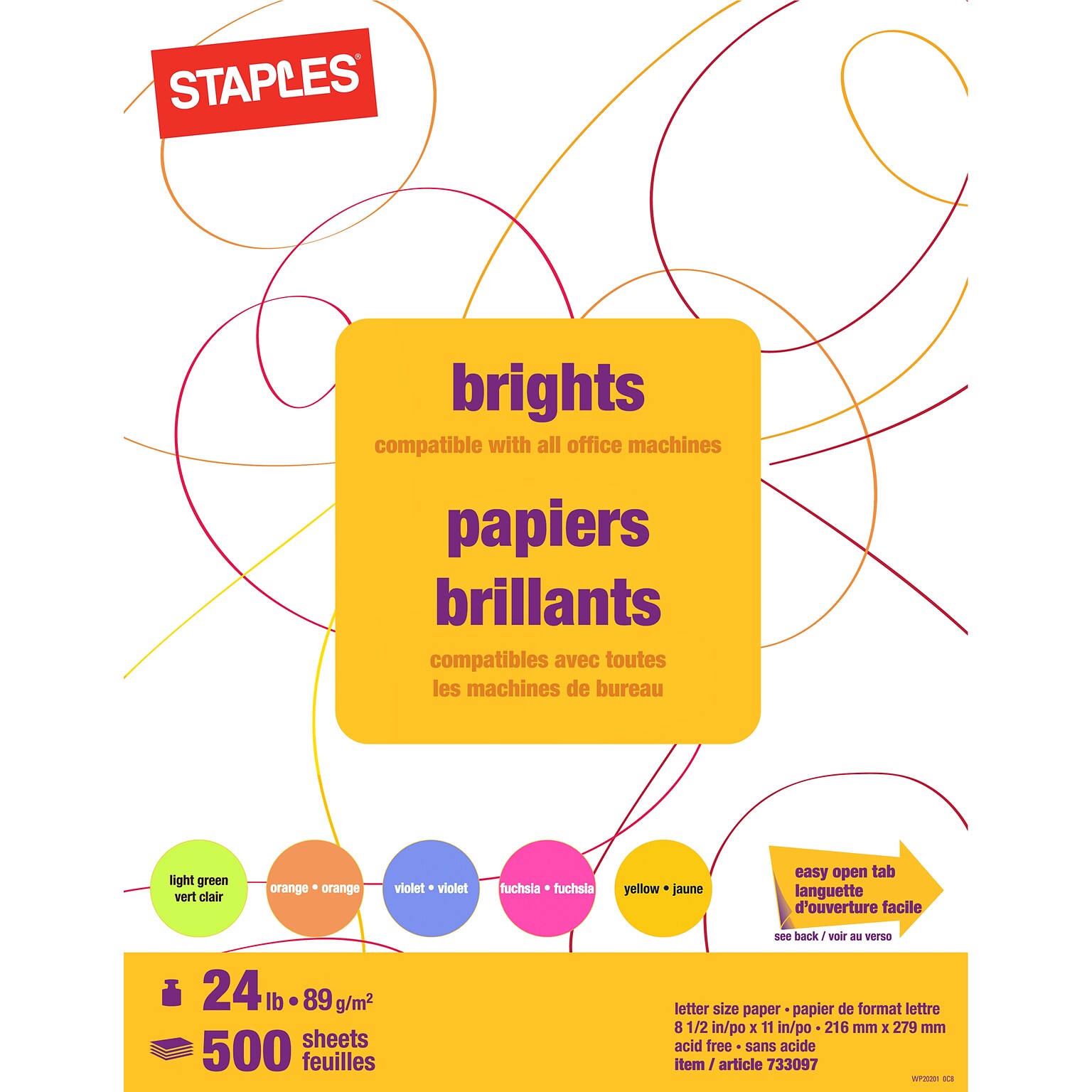 Staples Brights Multipurpose Colored Paper, 24 lbs., 8.5 x 11, Assorted Neon, 500/Ream (20201)