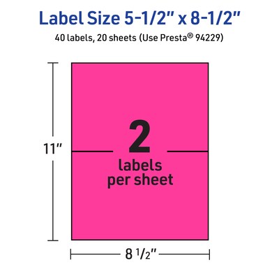 Avery Laser/Inkjet Rectangle Multipurpose Labels, 5.5" x 8.5", Neon Magenta, 40/Pack (94229)