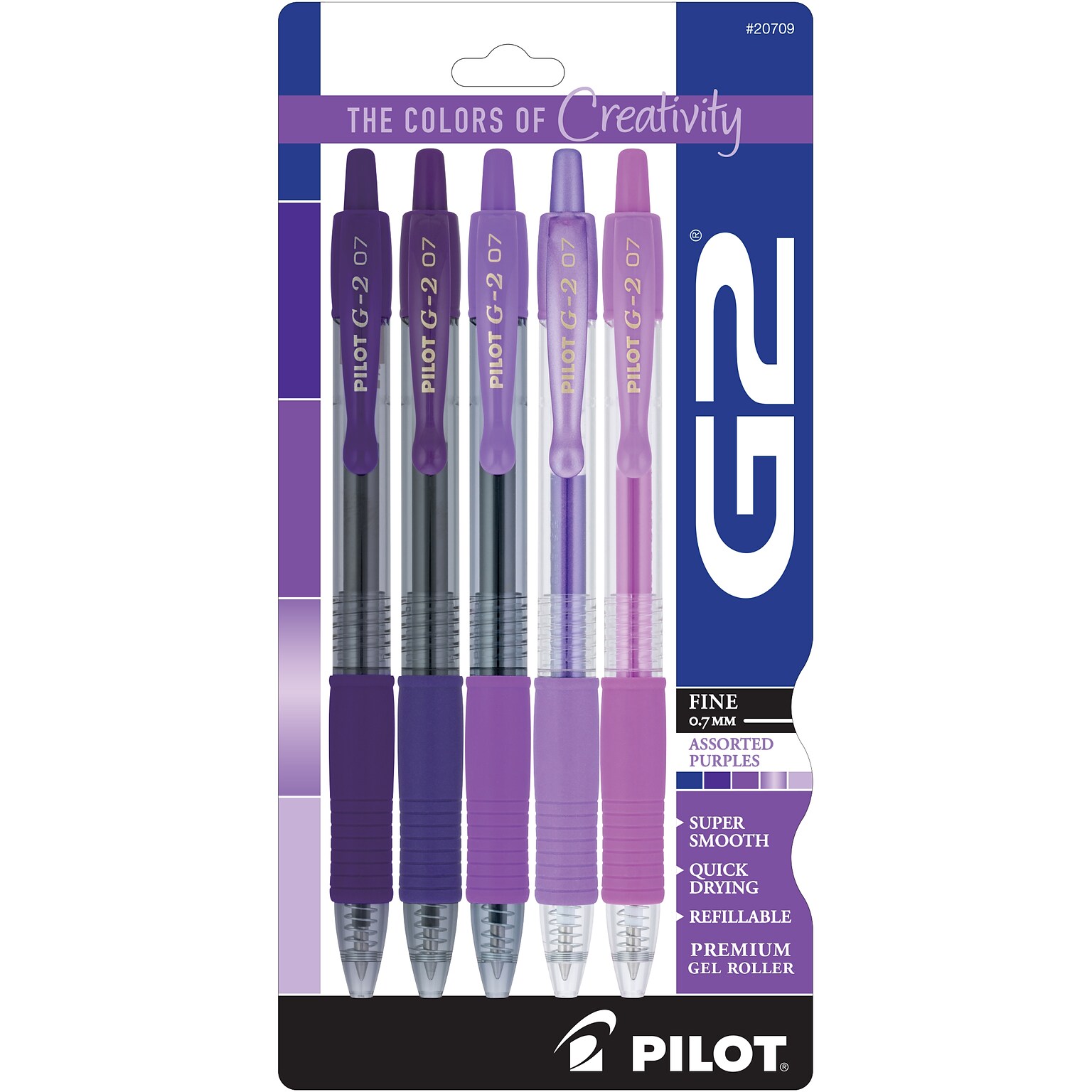 Pilot G2 Purples Retractable Gel Pen, Fine Point, 0.7mm, Assorted Ink, 5/Pack (XPO32001)