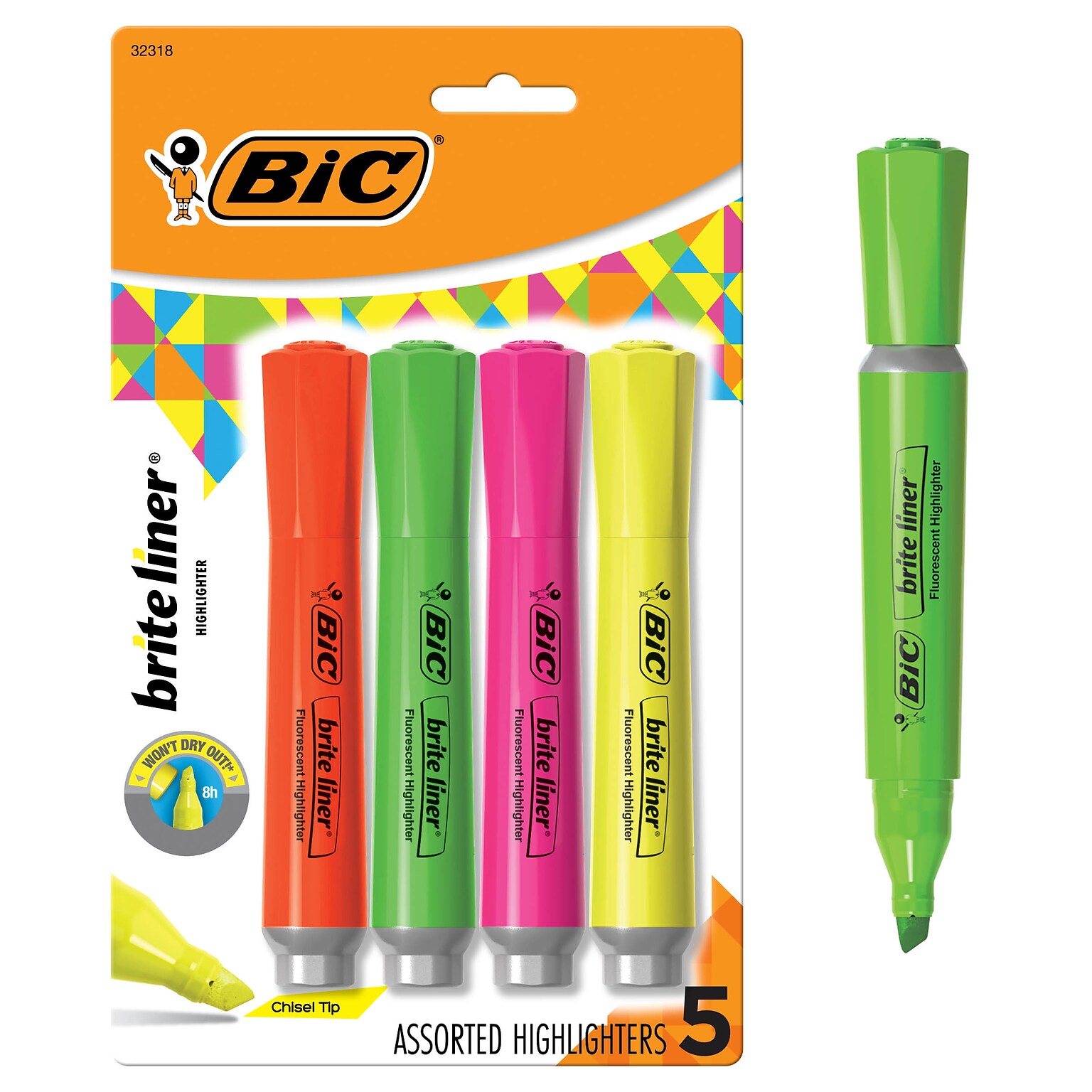 BIC Brite Liner Tank Highlighter, Chisel Tip, Assorted Colors, 4/Pack (32318)