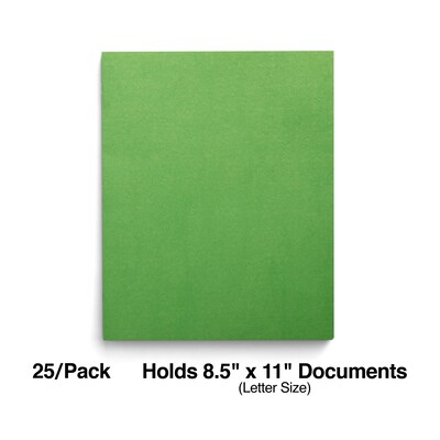 Staples Smooth 2-Pocket Paper Folder with Fasteners, Green, 25/Box (50773/27541-CC)