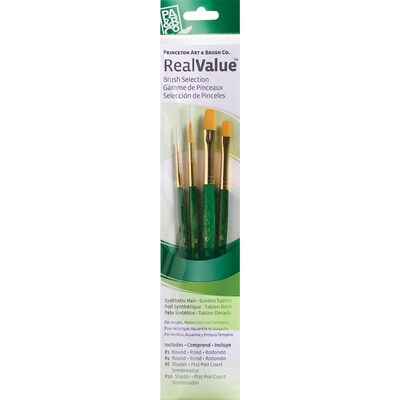 Princeton RealValue Mixed Media Synthetic Taklon Variety Brush Set, Green, 4/Set, 3 Sets/Bundle (PBXPR9116-3)