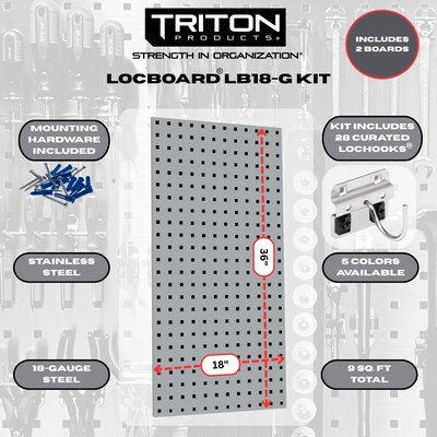 Triton Products LocBoard Pegboards with 30 pc. LocHook Assortment and Hanging Bin System (LB18-GKit)