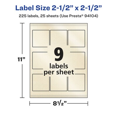 Avery Laser/Inkjet Square Pearlized Labels, 2.5" x 2.5", Ivory, 225 Labels/Pack (94104)