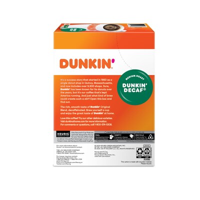 Dunkin' Decaf Coffee, Medium Roast, 0.37 oz. Keurig® K-Cup® Pods, 22/Box (400846)