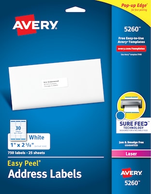 Avery Easy Peel Laser Address Labels, 1 x 2-5/8, White, 750 Labels/Pack (5260)