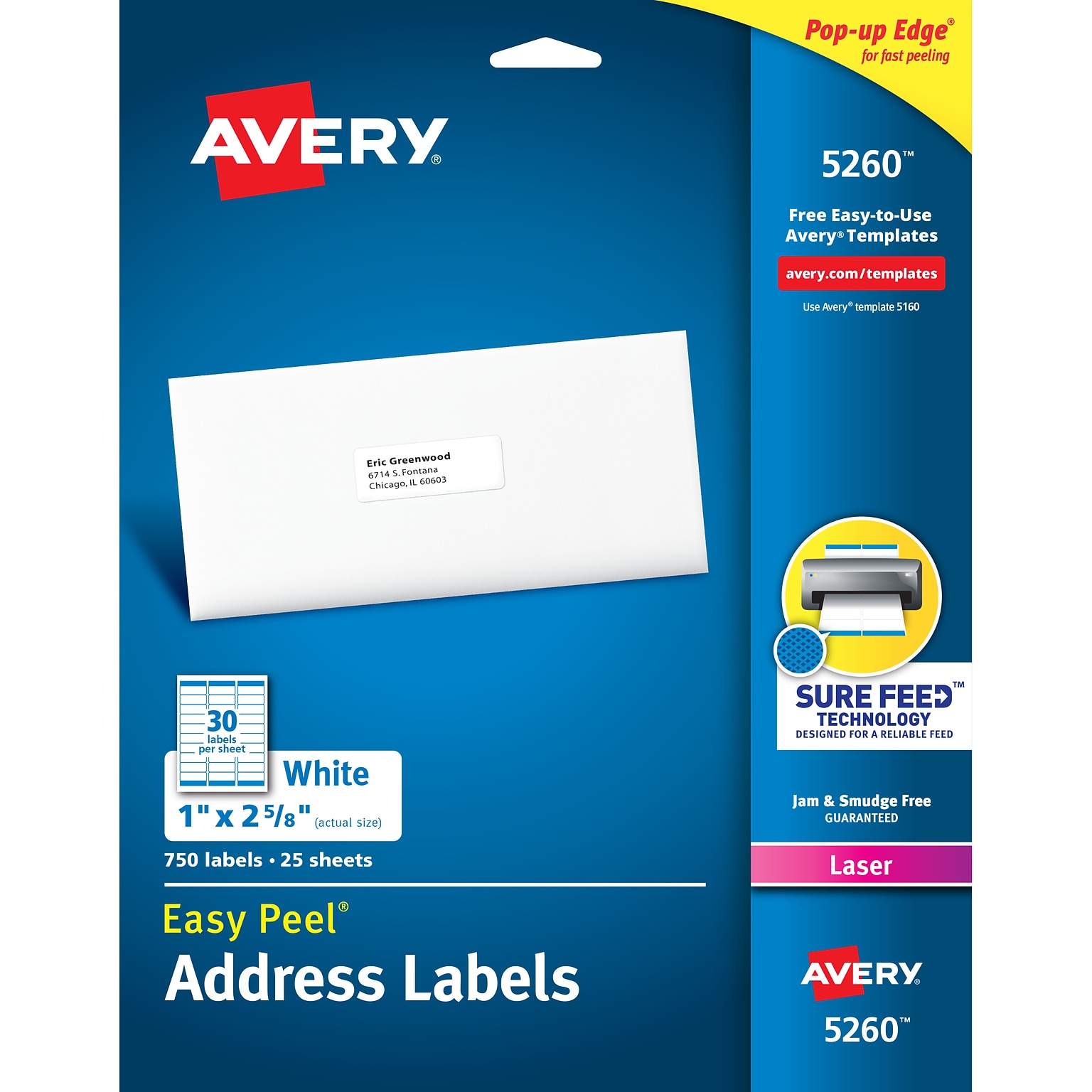 Avery Easy Peel Laser Address Labels, 1 x 2-5/8, White, 30 Labels/Sheet, 25 Sheets/Pack (5260)