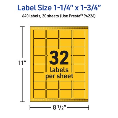 Avery Laser/Inkjet Rectangle Multipurpose Labels, 1.25" x 1.75", Bright Yellow, 640/Pack (94226)