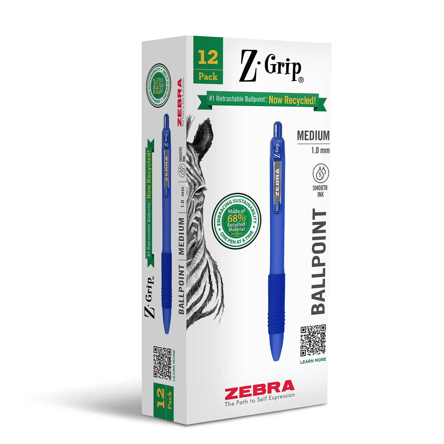 Zebra Z-Grip Retractable Ballpoint Pen, Medium Point, 1.0mm, Black Ink, 12/Pack (20620)