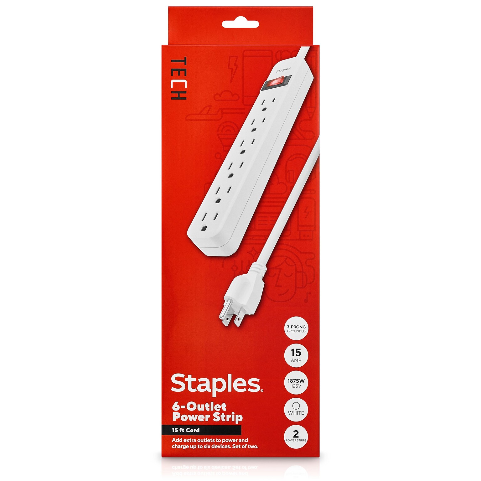 Staples TECH 6-Outlet Power Strip, 15 Cord, White, 2/Pack (42321)
