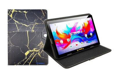 LINSAY F10 Series 10.1" Tablet, Wi-Fi, Octa Core, 256GB eMMC, Android 15, Black & Golden Marble Case (F10IPGCBLAPLUS)