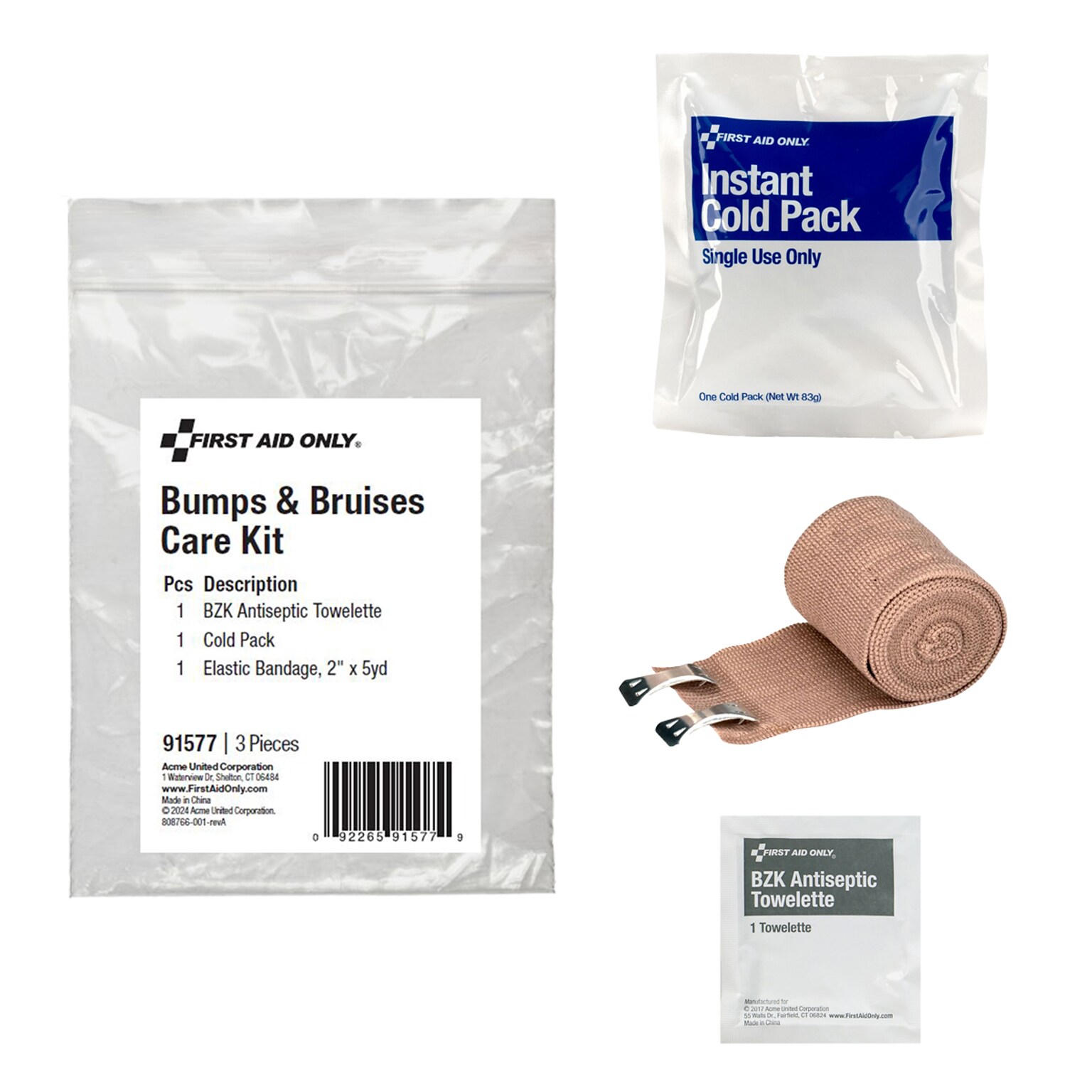 First Aid Only Bumps and Bruises Care Kit, 3 Pieces, 25 Packs/Carton (91577)