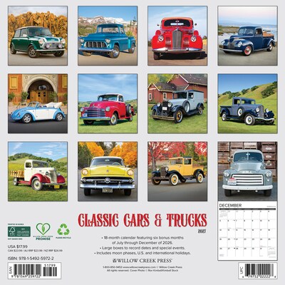 2027 Willow Creek Classic Cars & Trucks 12 x 12 Monthly Wall Calendar, Assorted Colors (59722)