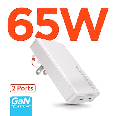HyperGear SpeedBoost 65W Dual-USB-C Slim GaN Laptop Charger, White (16131)