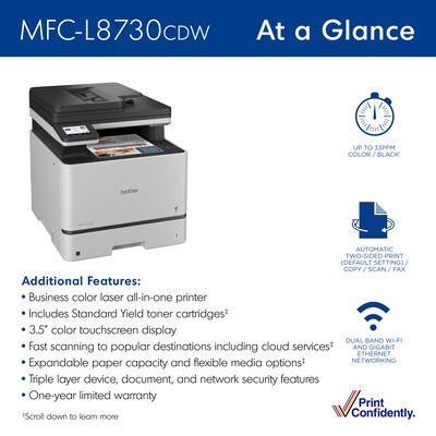 Brother MFC-L8730CDW Wireless Color All-In-One Laser Printer, Best for Business Office