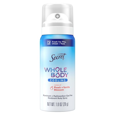 Secret Whole Body Cooling Deodorant Spray for Women, Peach & Vanilla Blossom Scent, Aluminum Free Deodorant, 1oz. (17015)