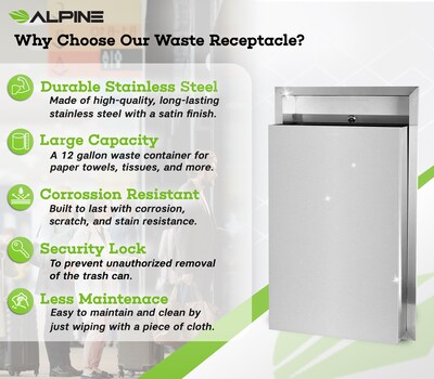 Alpine Industries Metal Indoor Trash Can, 12 Gallon, Stainless Steel (493)