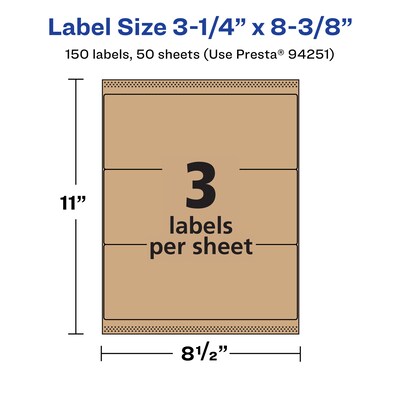 Avery Laser/Inkjet Rectangle Multipurpose Labels, 3-1/4" x 8-3/8", Kraft Brown, 150 Labels/Box ( 94251)