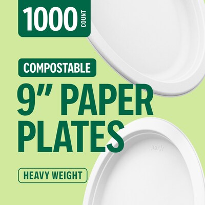 Perk™ Eco Compostable Paper Plates, 9", White, 1000/Pack (CT61287)