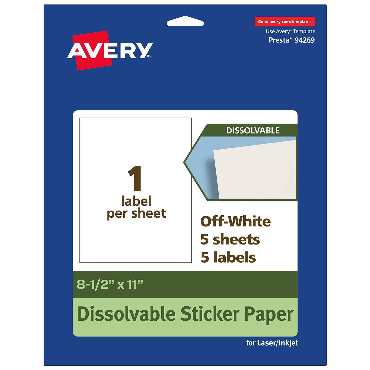 Avery Dissolvable Rectangle Multipurpose Labels, 8.5 x 11, Off-white, 5/Pack (94269)
