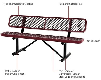 Global Industrial 6' Outdoor Steel Bench w/ Backrest, Expanded Metal, Red (277154RD)