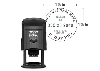 Custom 2000 Plus® PrintPro™ Self-Inking R40D Light Duty Round Date Stamp, 1-9/16 diameter