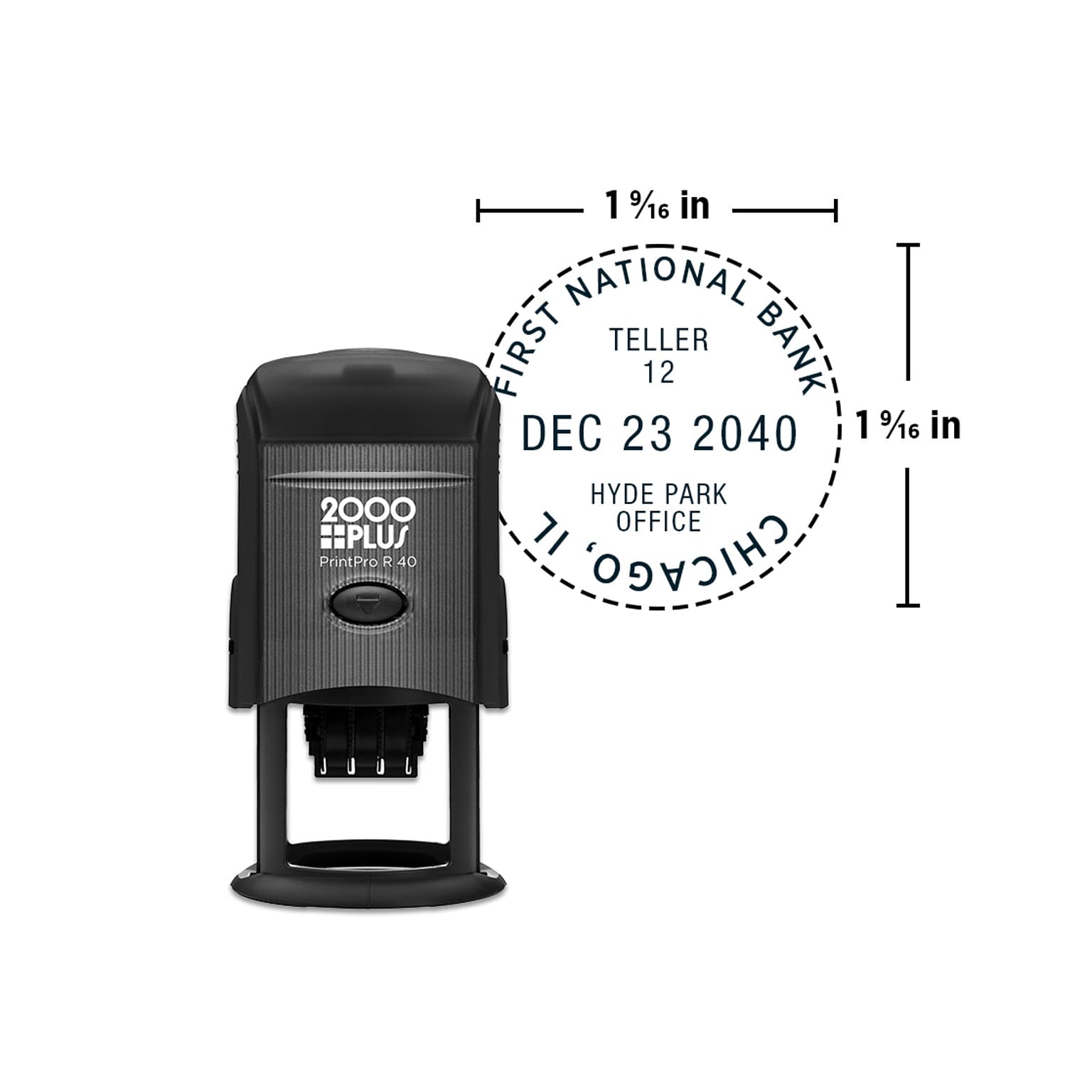 Custom 2000 Plus® PrintPro™ Self-Inking R40D Light Duty Round Date Stamp, 1-9/16 diameter