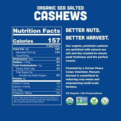 Mavuno Harvest Organic Dry Roasted Sea Salt Flavored Cashews, 1 lb. Bag (MAHW-SSCASH1LB)