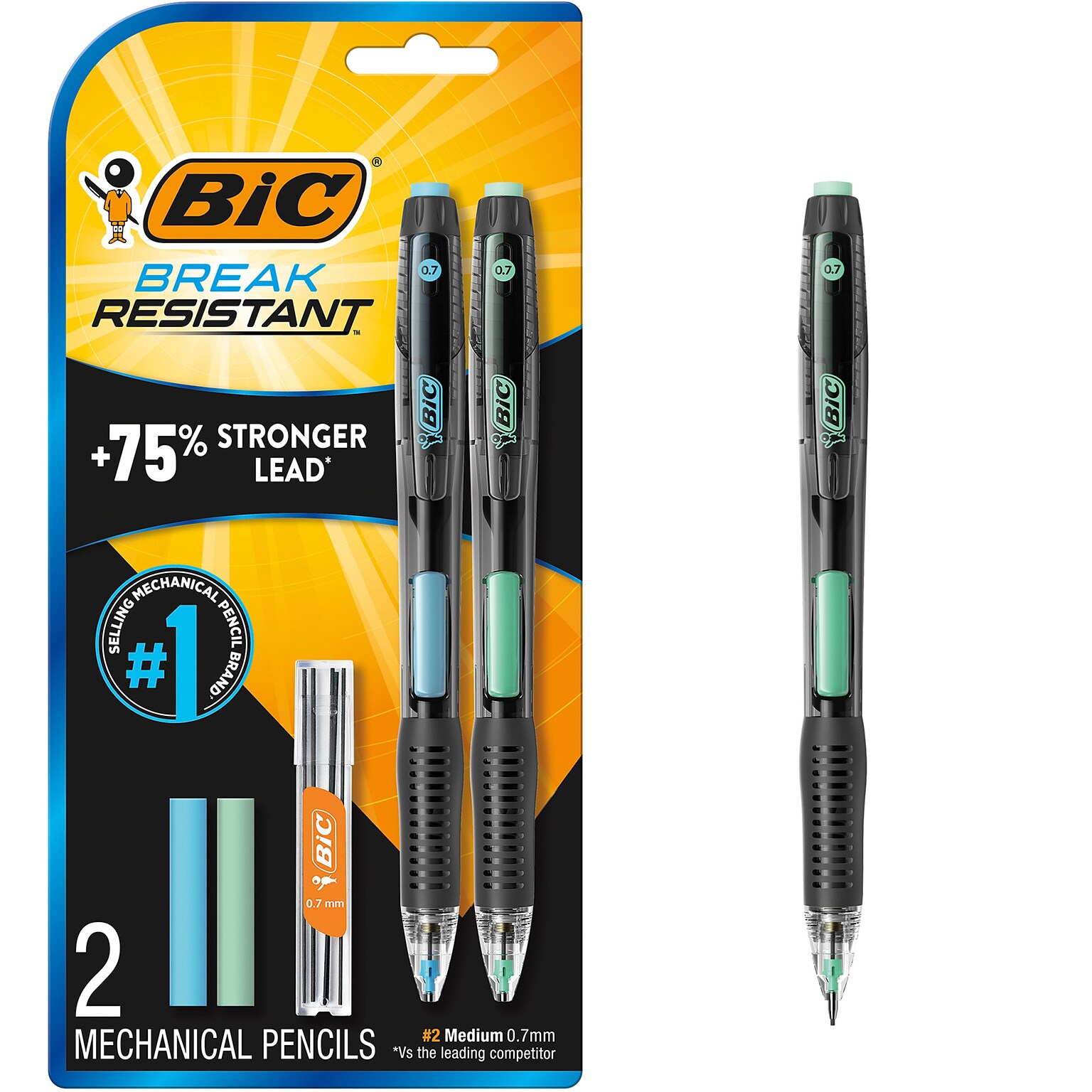 BIC Break Resistant Mechanical Pencil, 0.7, #2 Medium Lead, 2/Pack (MV7PRP2-BLK)