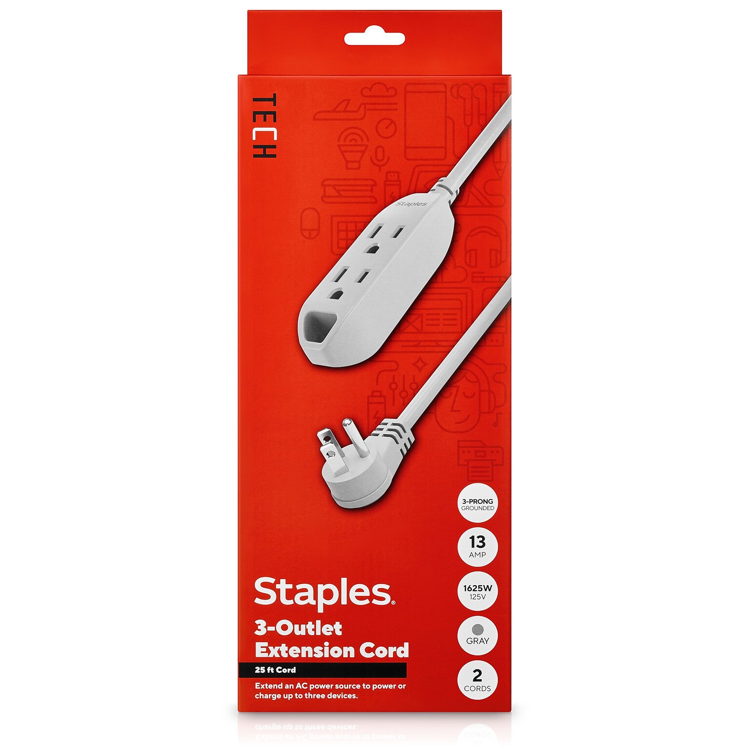 Staples TECH 25 Extension Cord, 3-Outlet, 16 AWG, Gray (ST22129-CC)